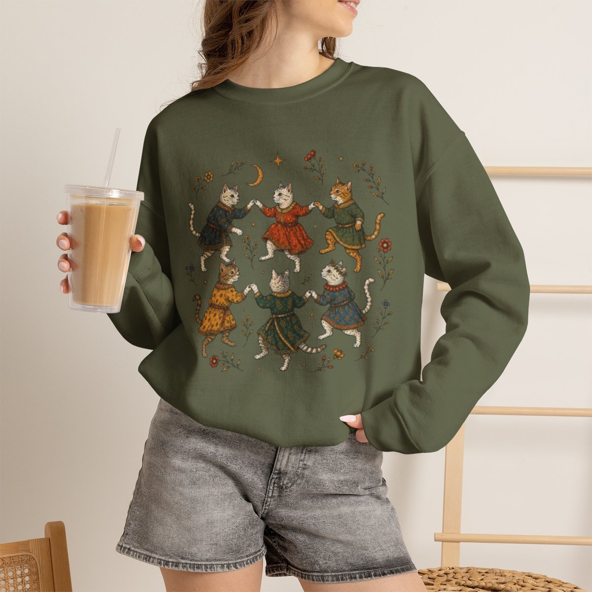 Unisex Cozy Dancing Cats Graphic Sweatshirt for Cat Lovers Military Green