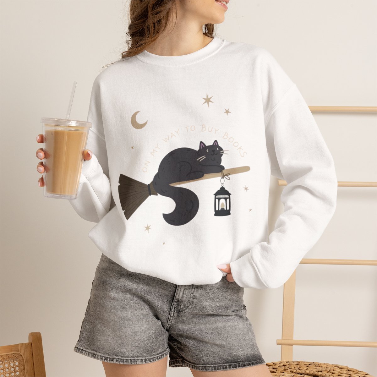 Unisex Black Cat Witch Broom Sweatshirt Cute Book Lover Gift White