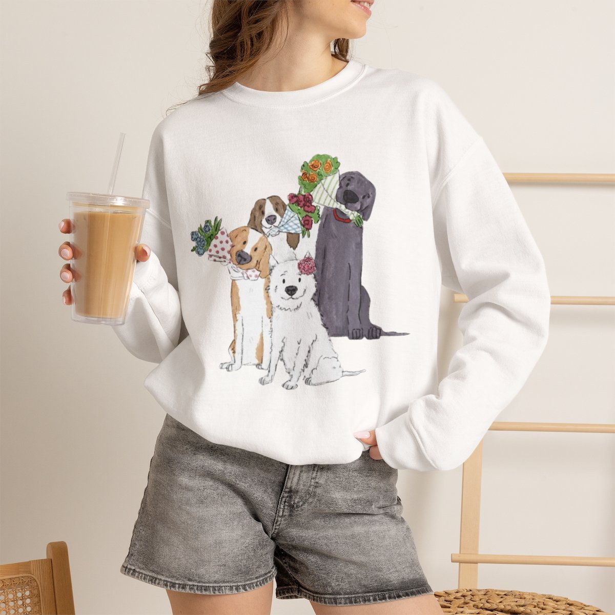 vhgl28.jpg Cute Dogs Holding Flowers Unisex Sweatshirt for Pet Lovers White