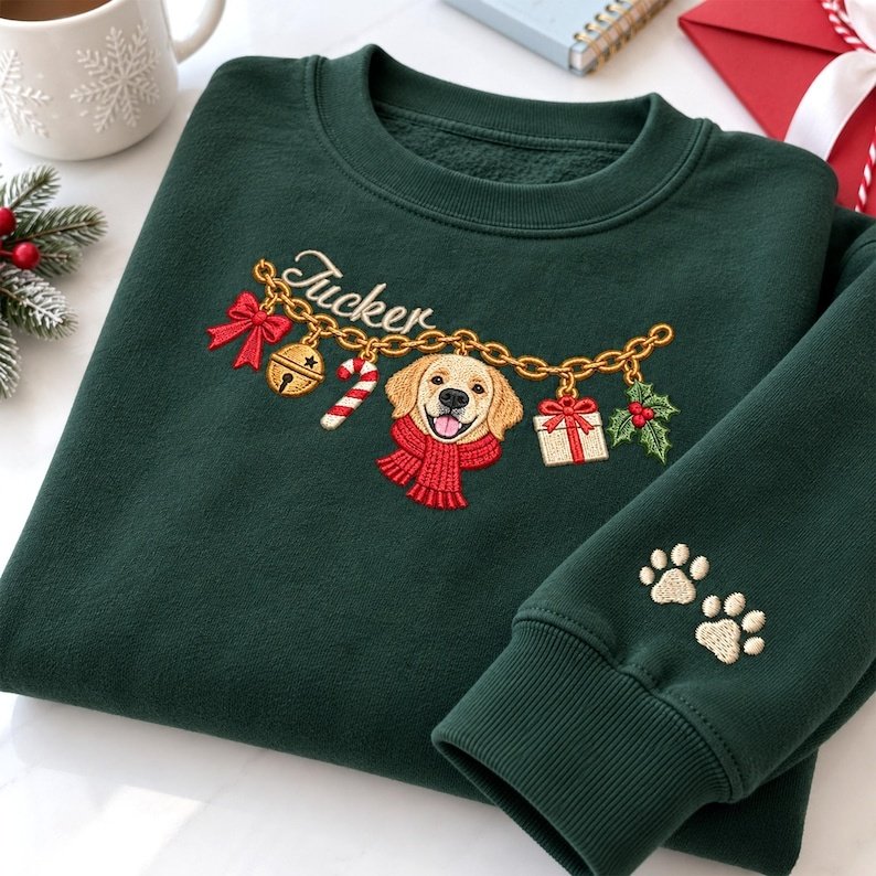 Unisex Custom Pet Christmas Sweatshirt, Embroidered Dog or Cat Portrait Charm Necklace Shirt, Personalized Pet Name Shirt, Holiday Pet Lover Gift White