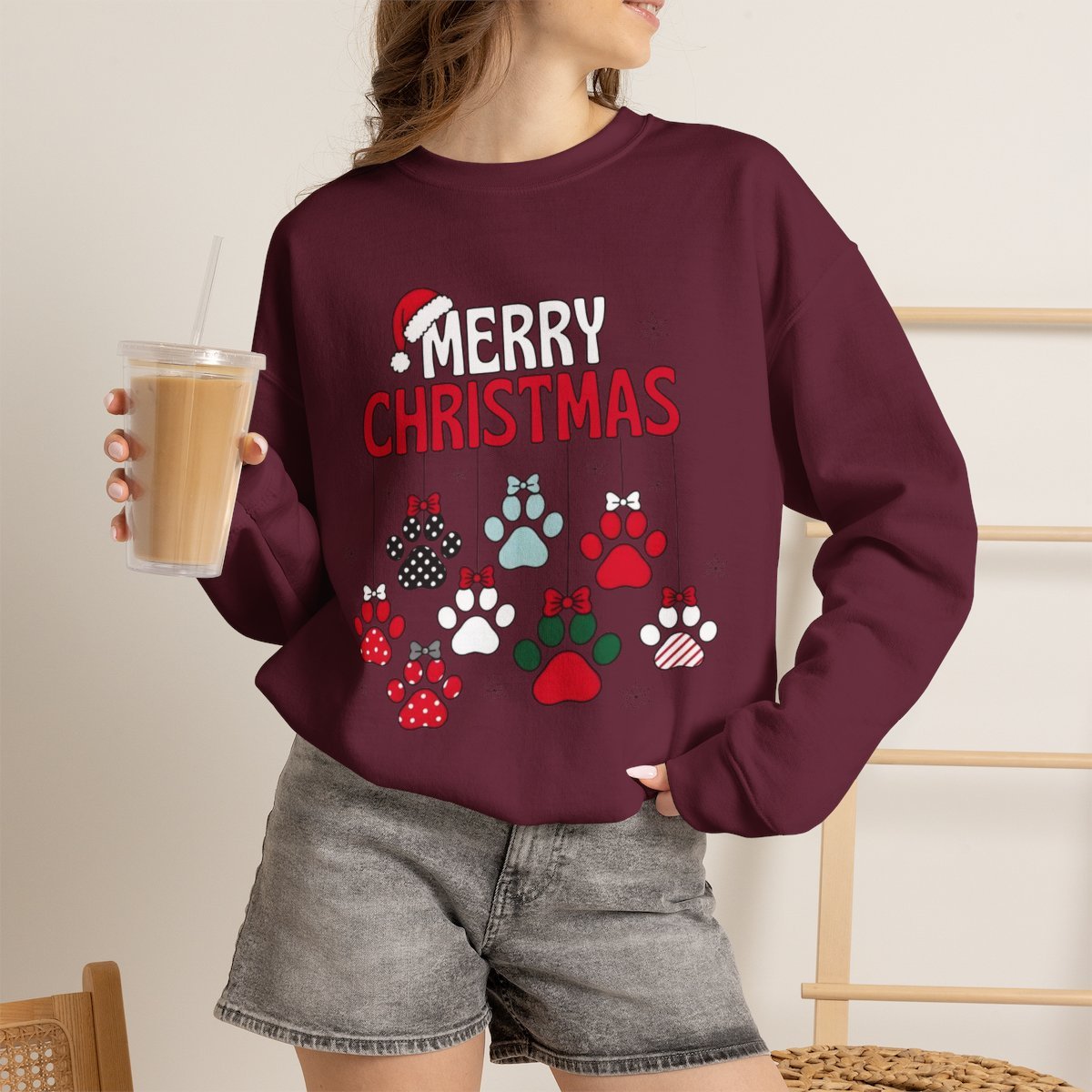 Unisex Cozy Merry Christmas Paw Print Sweatshirt for Dog Lovers Maroon