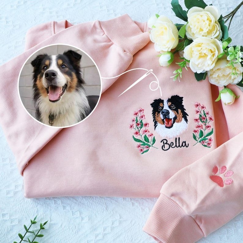 Unisex Pet Christmas Embroidered Sweatshirt Using Photo, Custom Dog Sweater, Embroidered Cat Crewneck gift for Pet Owner, Personal Pet Gifts White