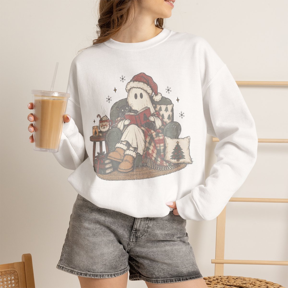 wdulvd.jpg Unisex Cute Ghost Reading Book Christmas Sweatshirt Cozy Holiday Apparel White