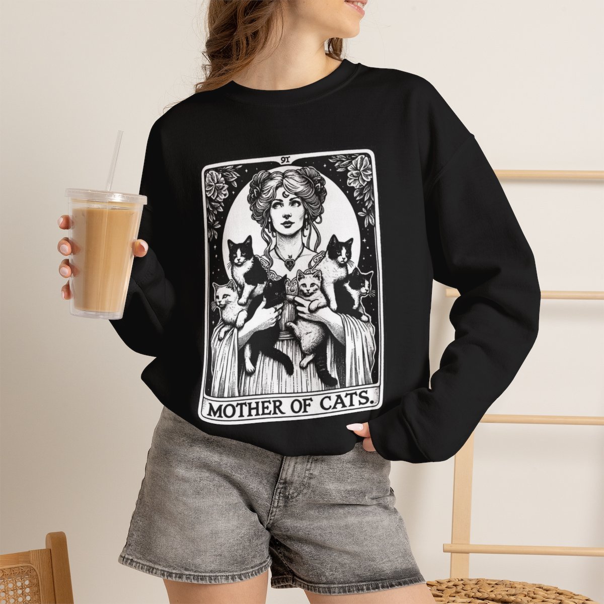 Unisex Mother of Cats Vintage Tarot Style Graphic Sweatshirt for Cat Lovers Black