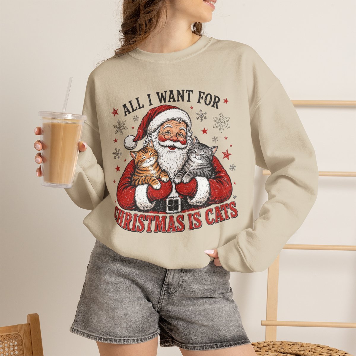 All I Want For Christmas Is Cats Unisex Sweatshirt | Cute Cat Lover Holiday Gift Sand