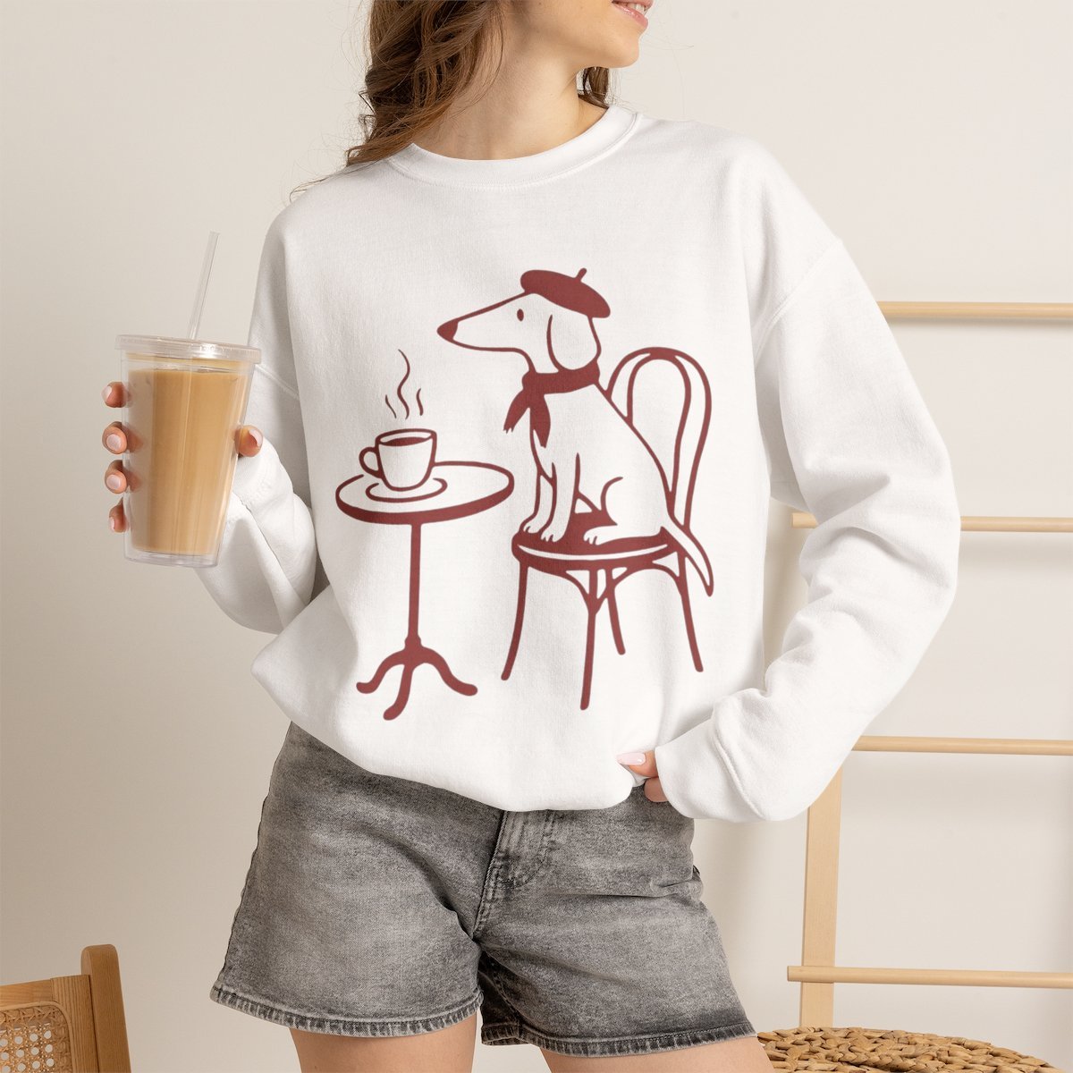 whmlyu.jpg Chic Dachshund Cafe Unisex Sweatshirt | Cozy Dog Lover Gift White