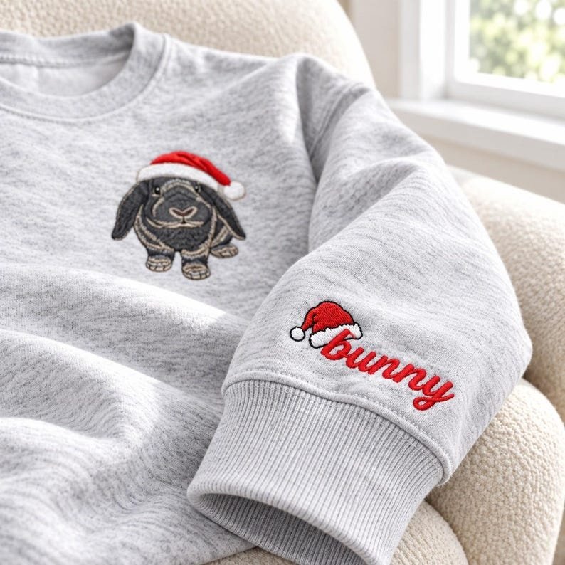 Unisex Rabbit Christmas Embroidery Sweatshirt for Human - Custom Pet Portrait Sweatshirt Using Photo - Personalized Lop-Eared Rabbit Xmas Gifts White