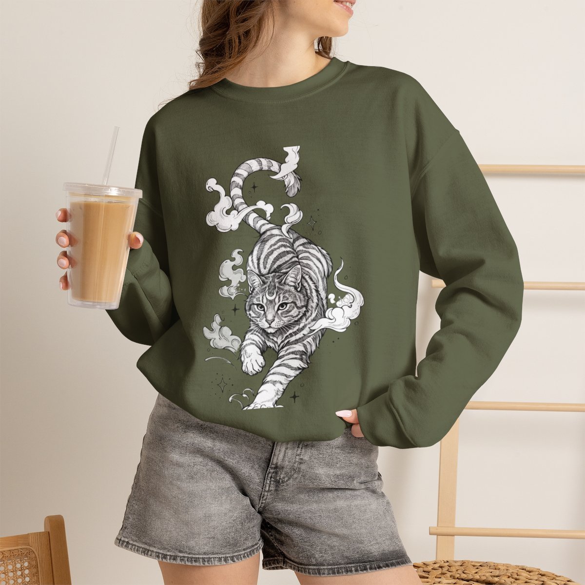 Celestial Mystic Cat Unisex Sweatshirt | Witchy Feline Line Art Military Green
