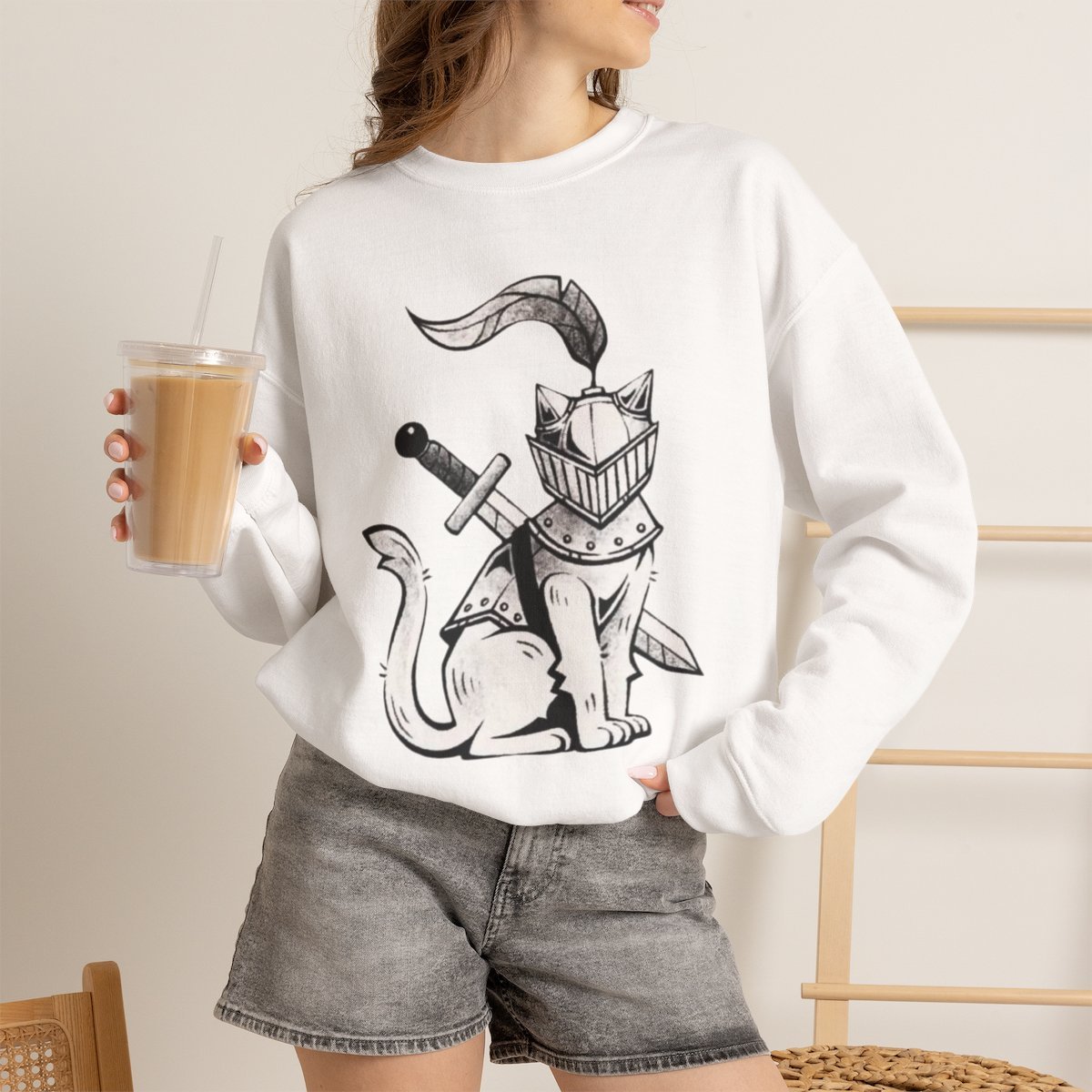 x06prf.jpg Unisex Medieval Knight Cat Sweatshirt - Cute Pet Lover Gift & Aesthetic Crewneck White