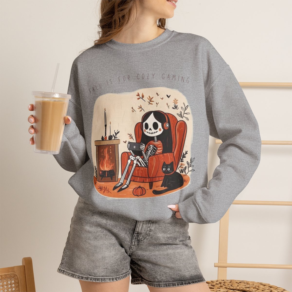 Unisex Cozy Gaming Skeleton Sweatshirt with Cute Cat | Fall Apparel & Gifts Sport Grey