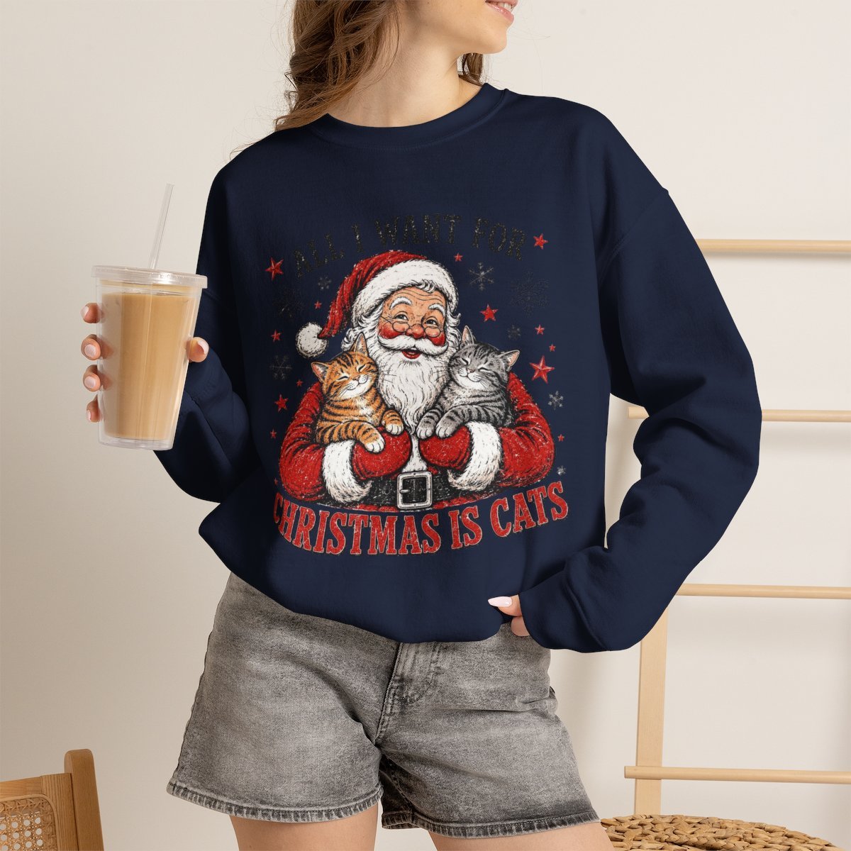 All I Want For Christmas Is Cats Unisex Sweatshirt | Cute Cat Lover Holiday Gift Navy