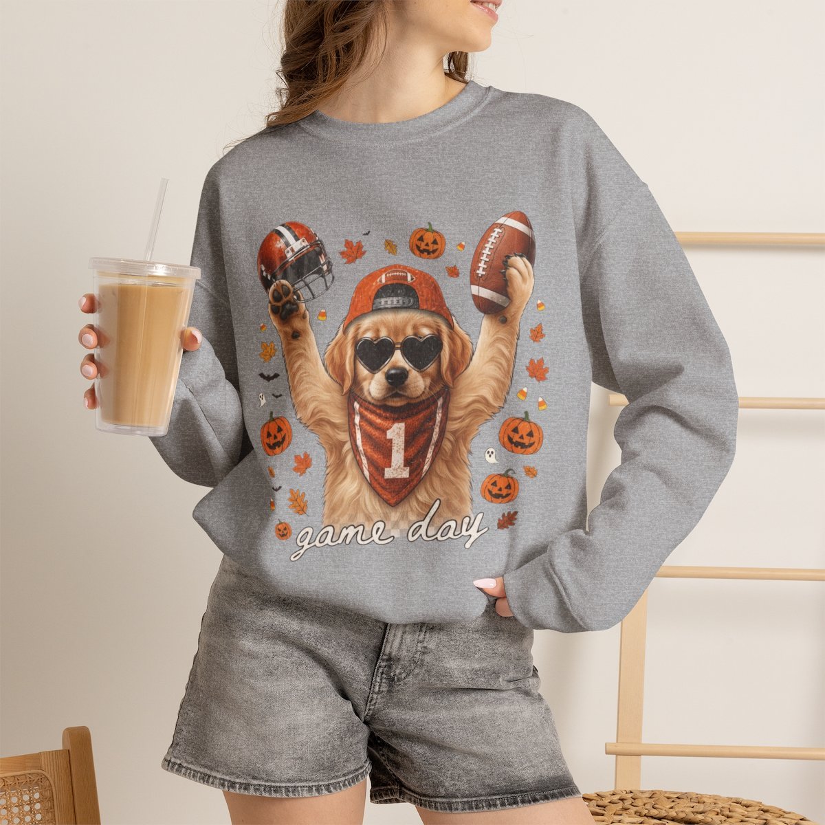 Cute Golden Retriever Football Halloween Sweatshirt for Dog Lovers Sport Grey