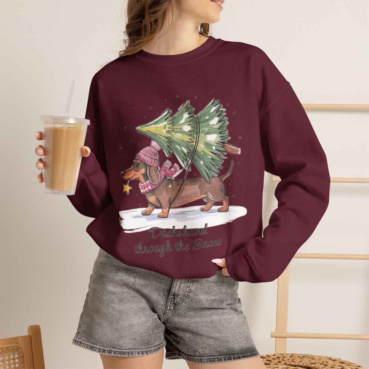 Unisex Cute Dachshund Christmas Sweatshirt | Funny Holiday Dog Lover Gift Pullover Maroon