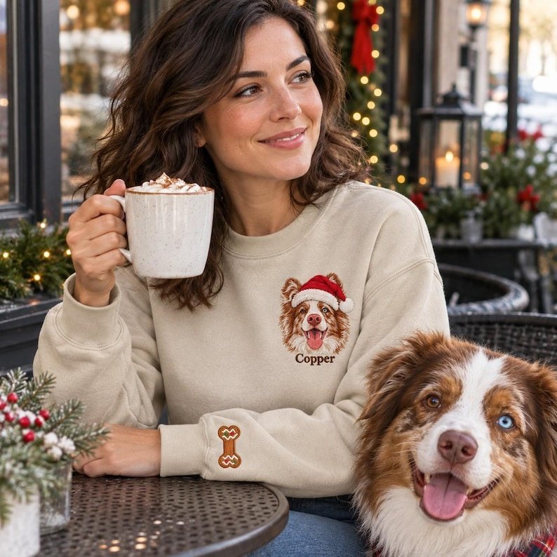 Unisex Custom Pet Portrait Christmas Sweatshirt - Embroidered Dog Santa Hat Sweater - Personalized Holiday Dog Mom Gift - Christmas Outfit Sport Grey