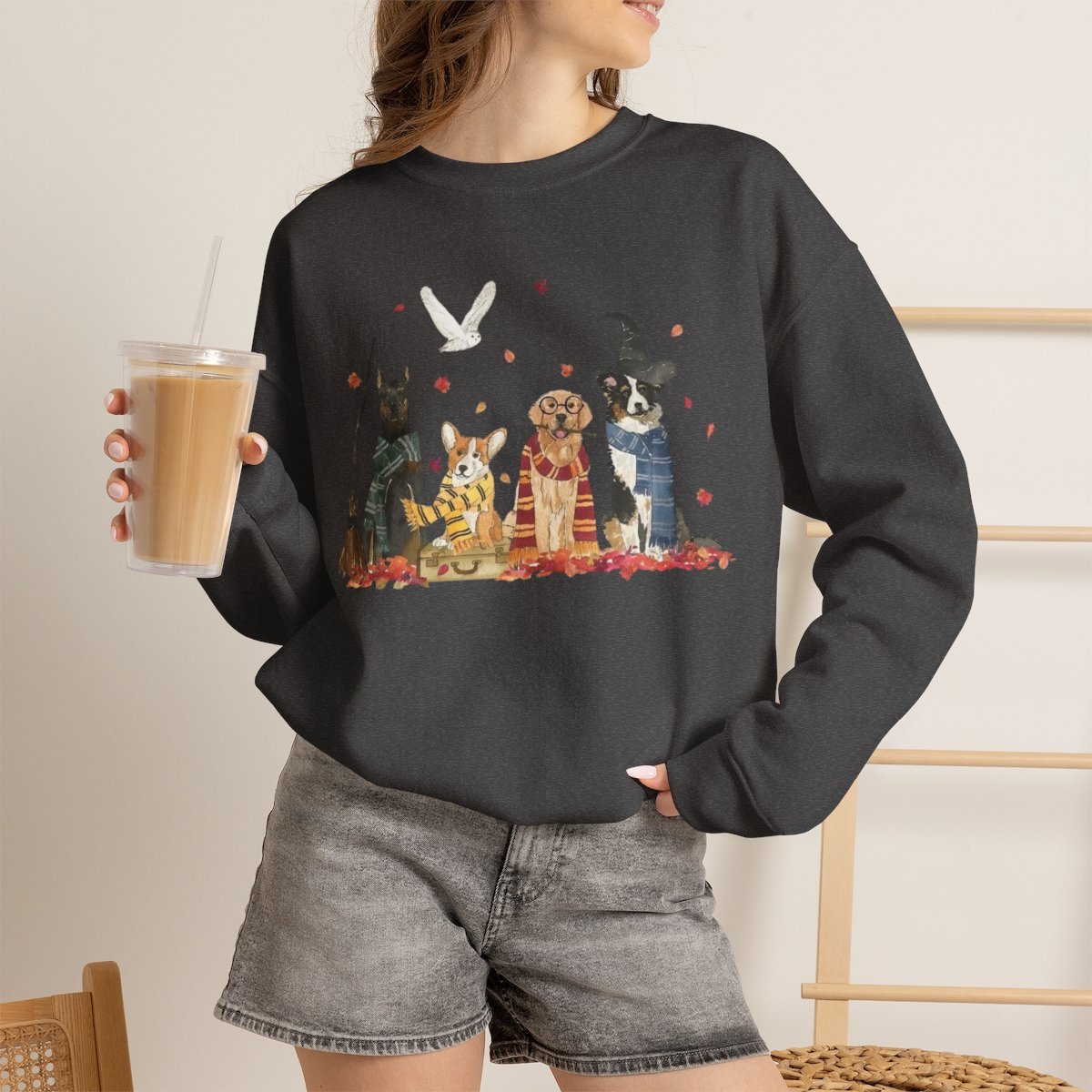 Unisex Wizard Dog Sweatshirt - Cozy Magic School Pup Crewneck for Dog Lovers Dark Heather
