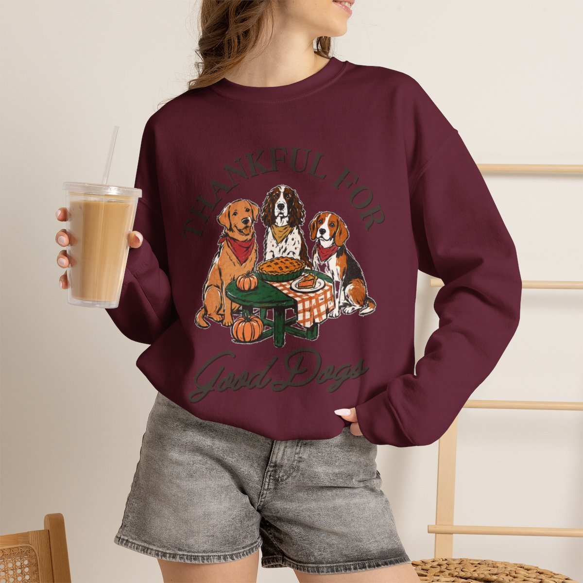 Thankful For Good Dogs Unisex Thanksgiving Sweatshirt - Cozy Fall Dog Lover Gift Maroon