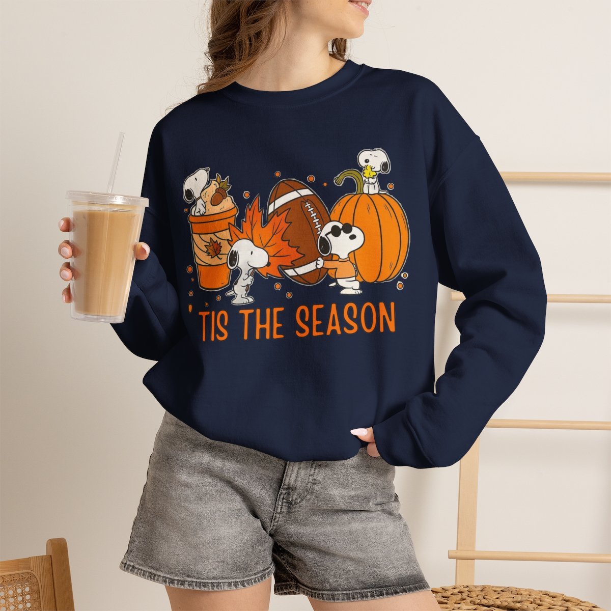 Unisex Snoopy Tis The Season Fall Sweatshirt | Peanuts Autumn Crewneck Navy