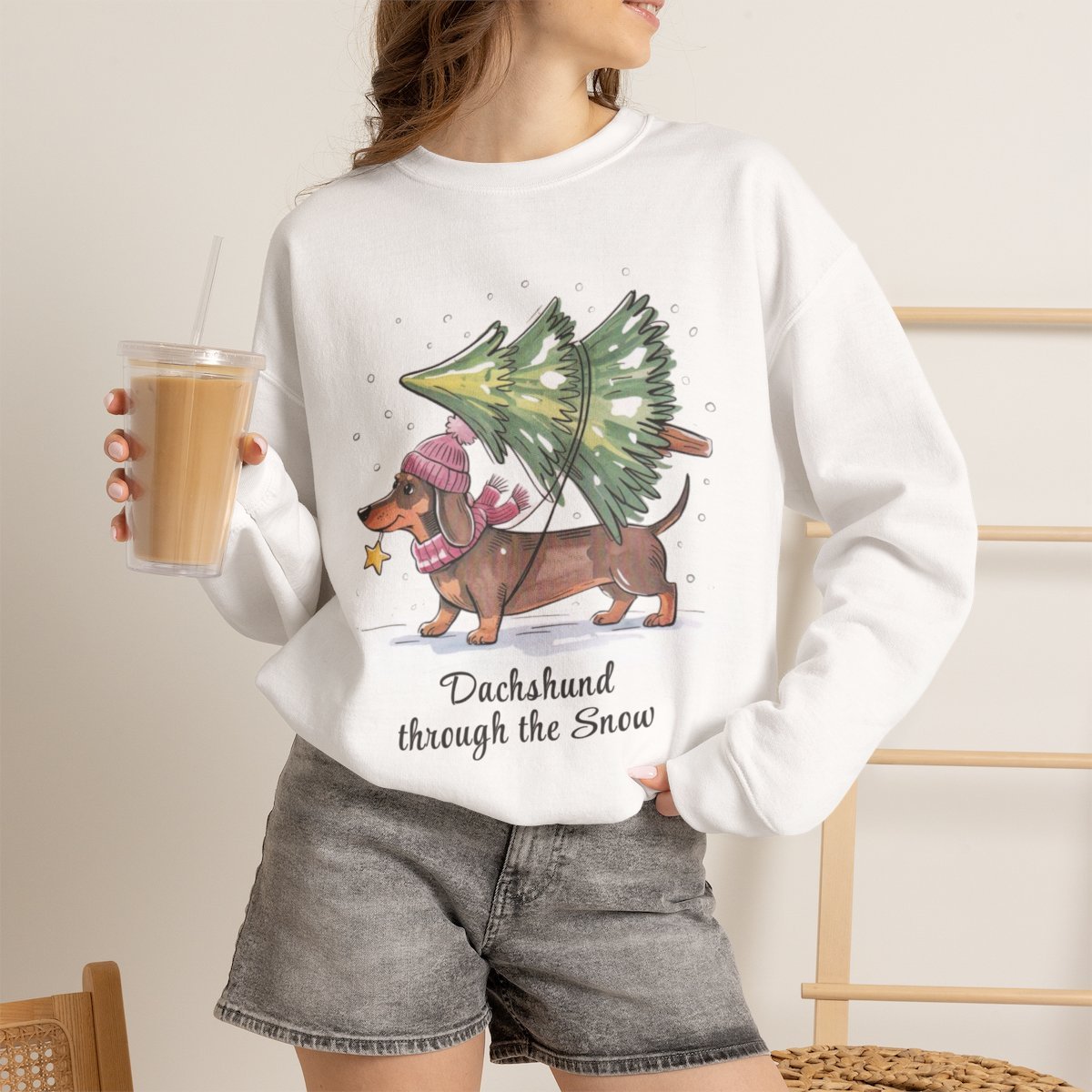 xnyfy6.jpg Unisex Cute Dachshund Christmas Sweatshirt | Funny Holiday Dog Lover Gift Pullover White