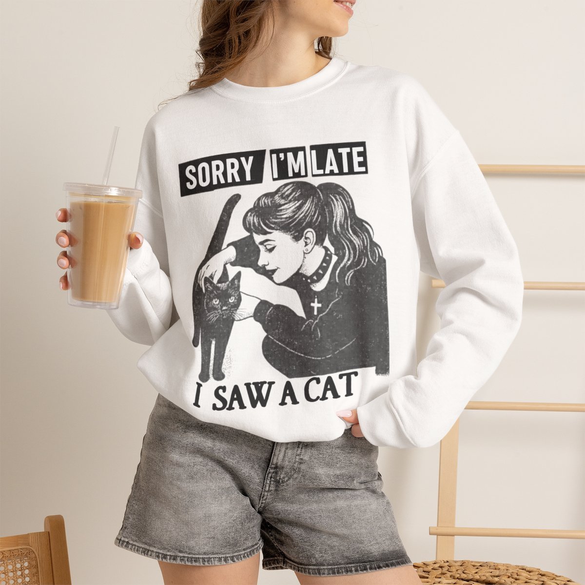 xvapzl.jpg Funny Black Cat Unisex Sweatshirt | Goth Alt Aesthetic Crewneck Sweater White