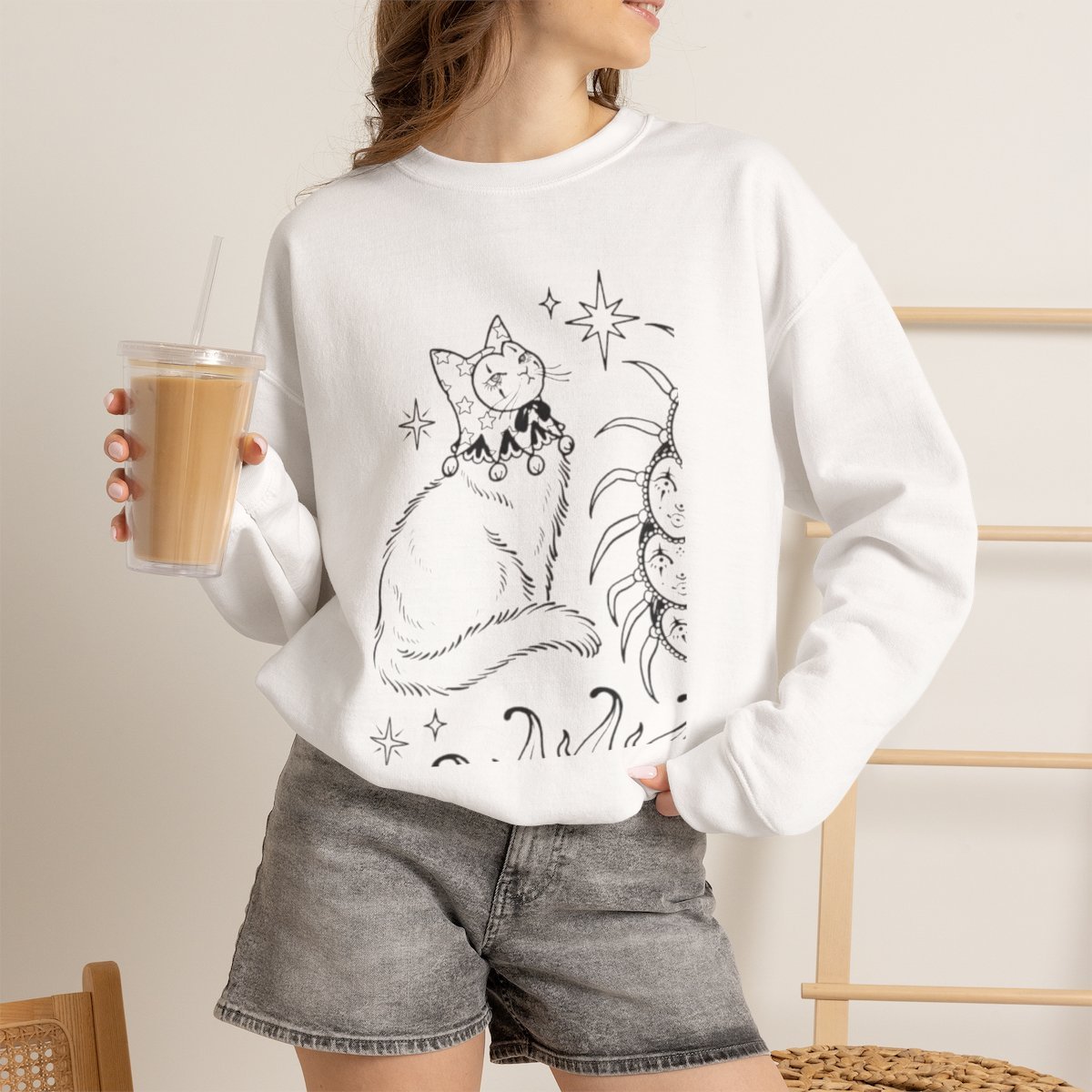 xzea9n.jpg Celestial Cat Jester Unisex Sweatshirt | Mystical Pet Lover Apparel White