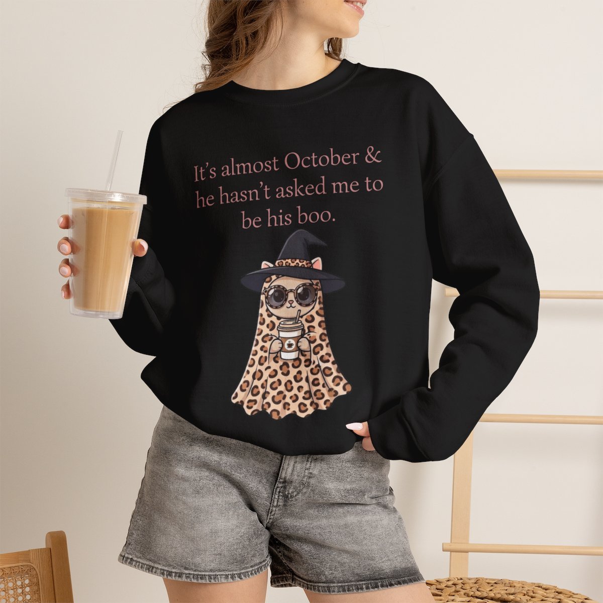 Cute Leopard Ghost Cat Halloween Unisex Sweatshirt | Funny October Fall Crewneck Black