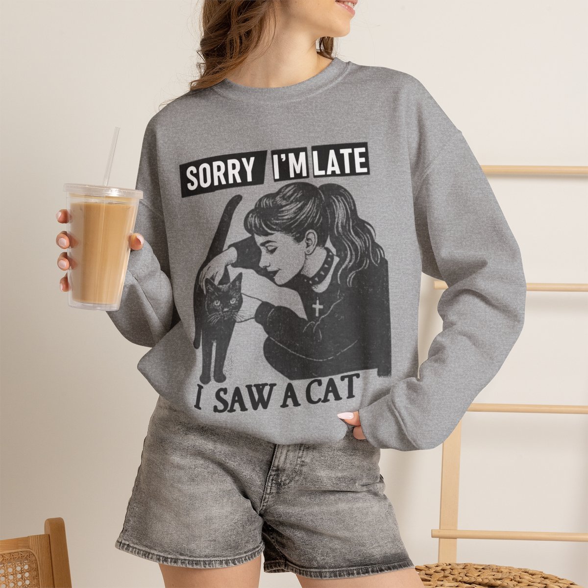 Funny Black Cat Unisex Sweatshirt | Goth Alt Aesthetic Crewneck Sweater Sport Grey