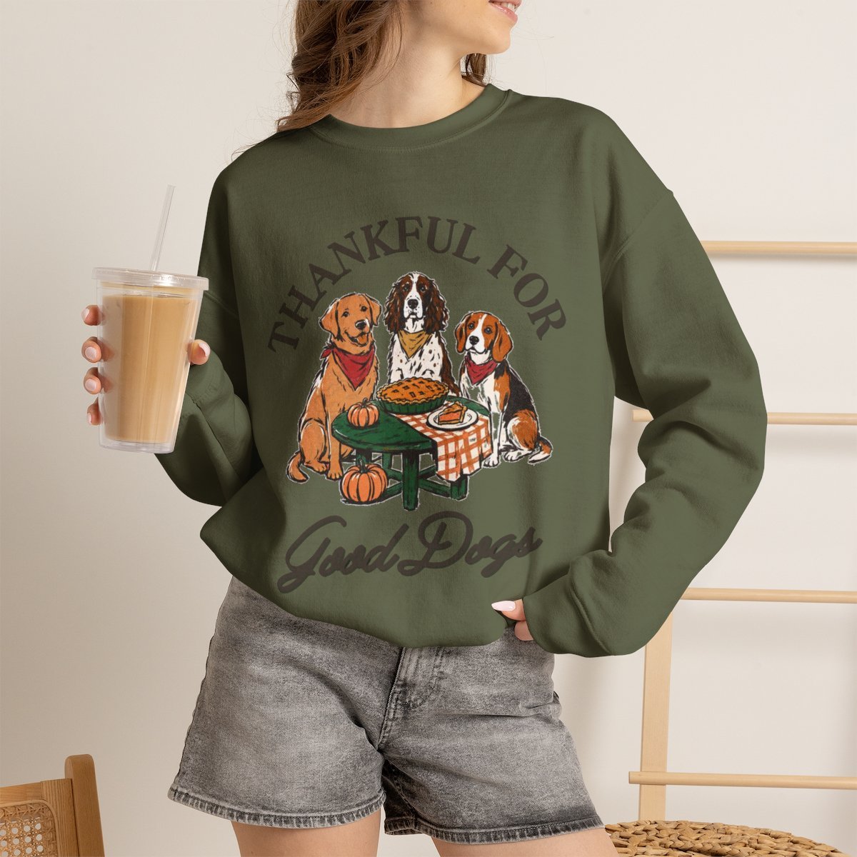 Thankful For Good Dogs Unisex Thanksgiving Sweatshirt - Cozy Fall Dog Lover Gift Military Green