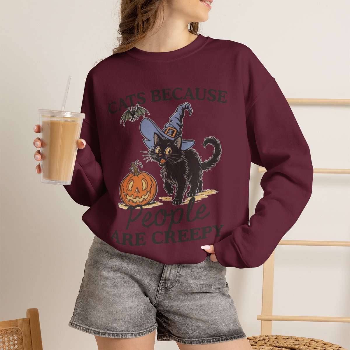 Unisex Cute Black Cat Witch Halloween Sweatshirt For Cat Lovers Maroon