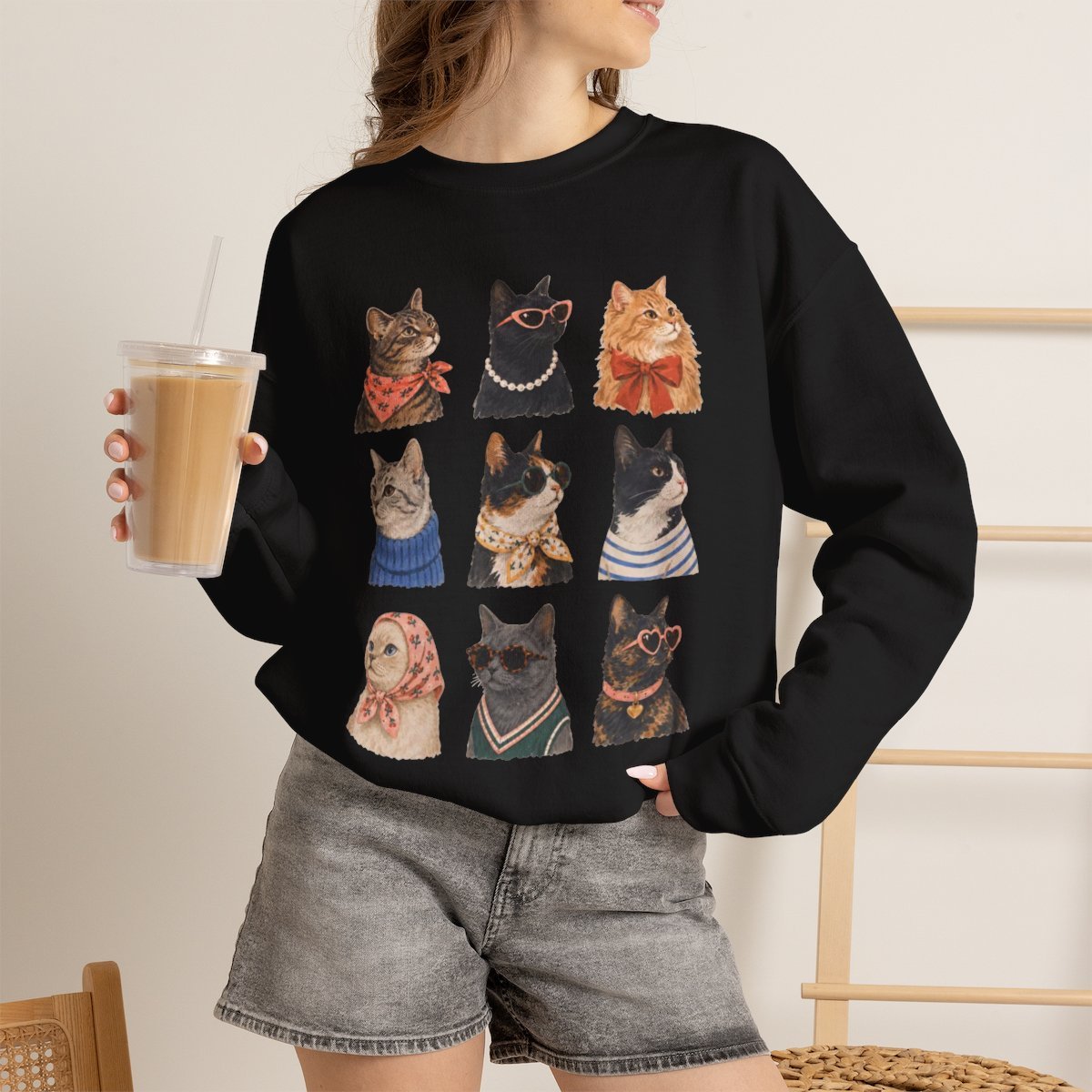 Cute Retro Cat Lover Unisex Crewneck Sweatshirt Cozy Autumn Gift Black