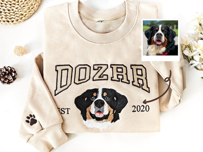 Unisex Pet Embroidered Sweatshirt, Embroidered Dog Hoodie, Custom Dog Face Embroidered Sweatshirt From Photo, Pet Lovers Gift, Gift For Mom Military Green