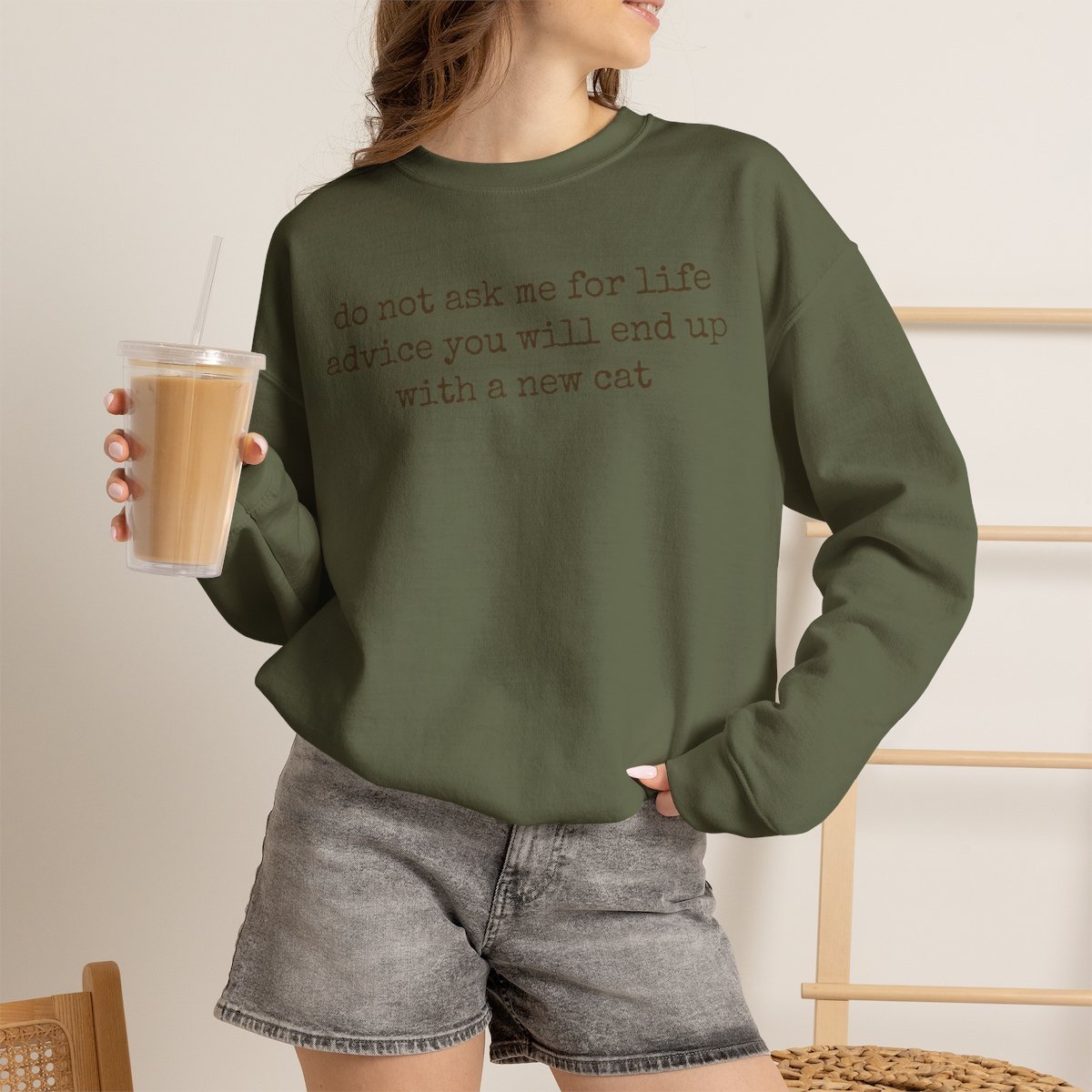 Funny Cat Lover Unisex Sweatshirt - Cozy Gift For Cat Owners Military Green
