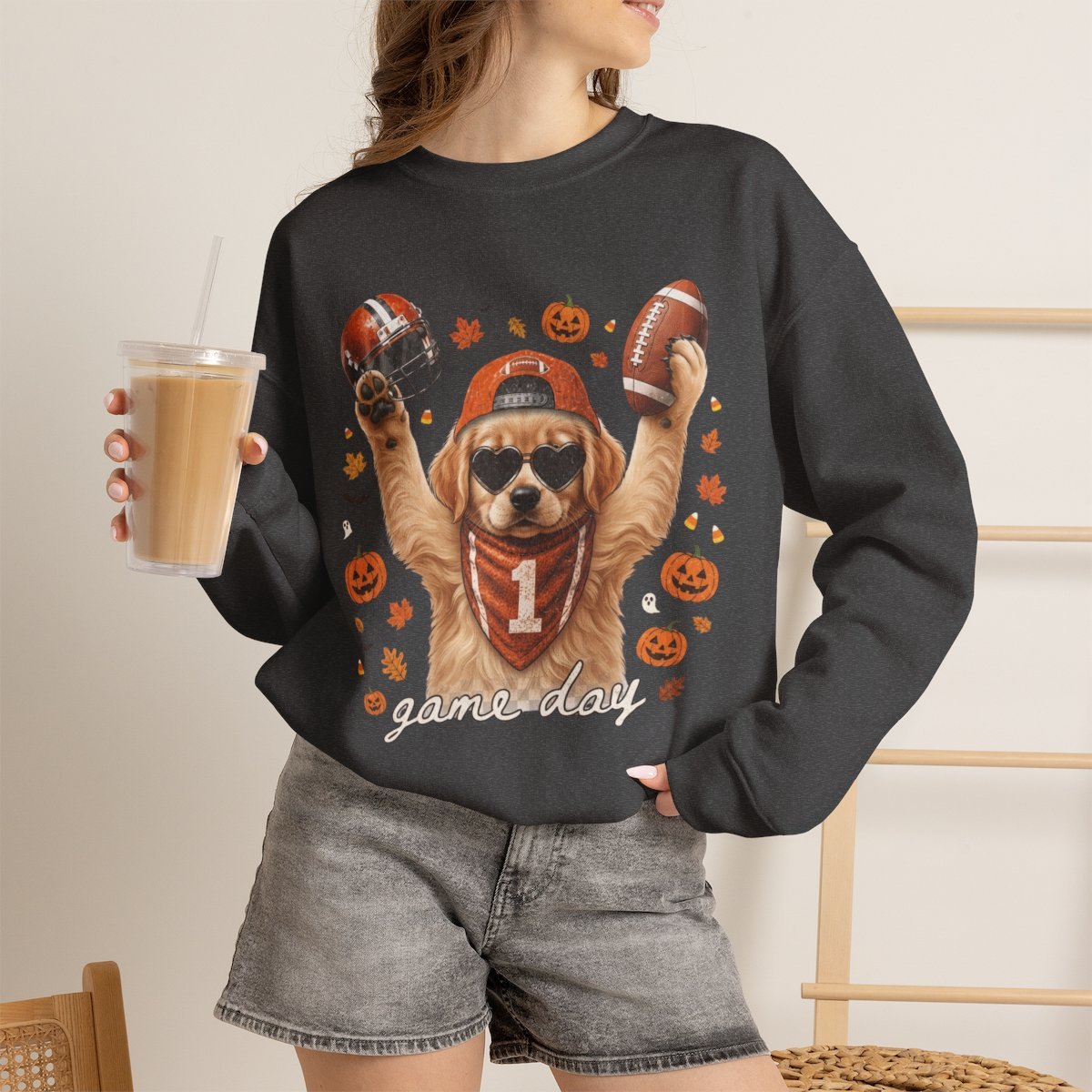 Cute Golden Retriever Football Halloween Sweatshirt for Dog Lovers Dark Heather