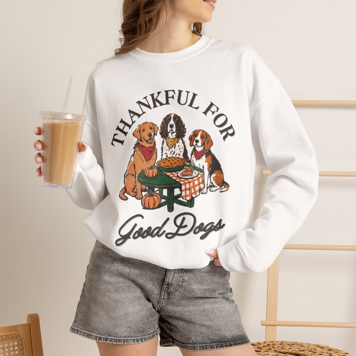 Thankful For Good Dogs Unisex Thanksgiving Sweatshirt - Cozy Fall Dog Lover Gift White