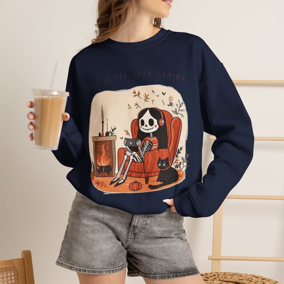 Unisex Cozy Gaming Skeleton Sweatshirt with Cute Cat | Fall Apparel & Gifts Navy