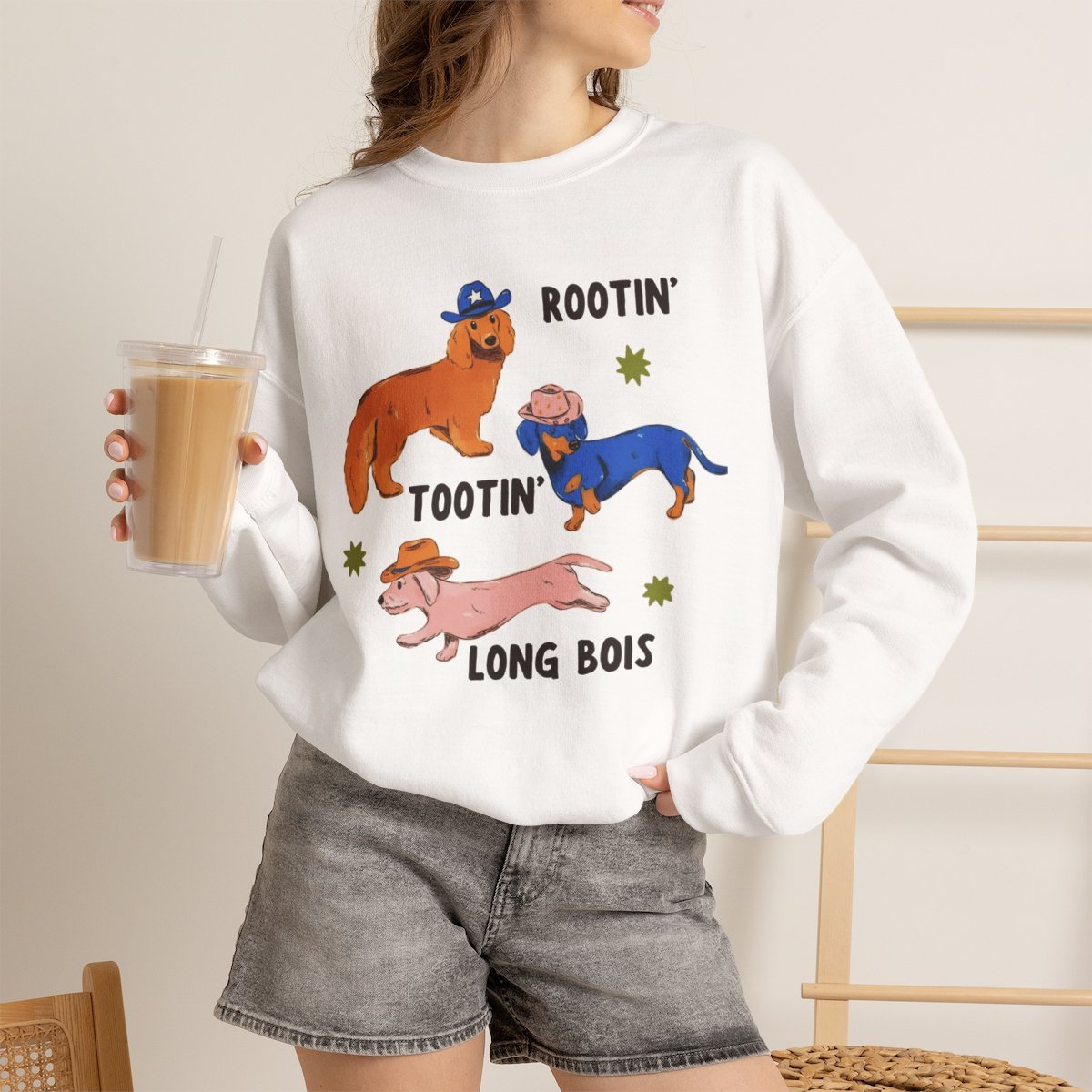 ysj1sj.jpg Unisex Cute Dachshund Cowboy Sweatshirt | Rootin Tootin Long Bois White