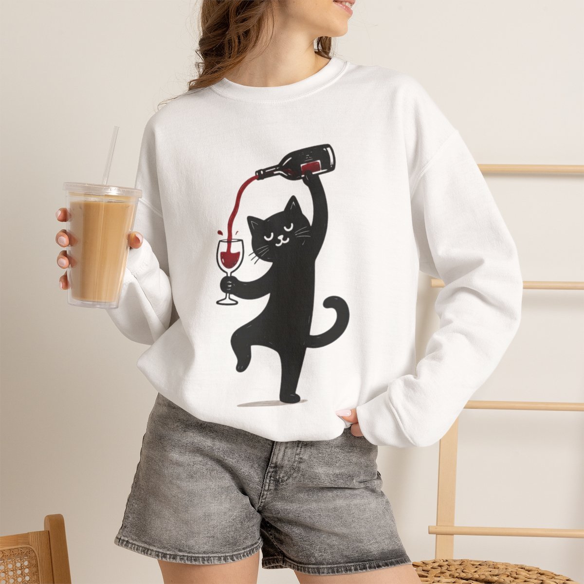 yufhic.jpg Cute Black Cat Pouring Wine Unisex Sweatshirt - Funny Wine Lover Gift Idea White