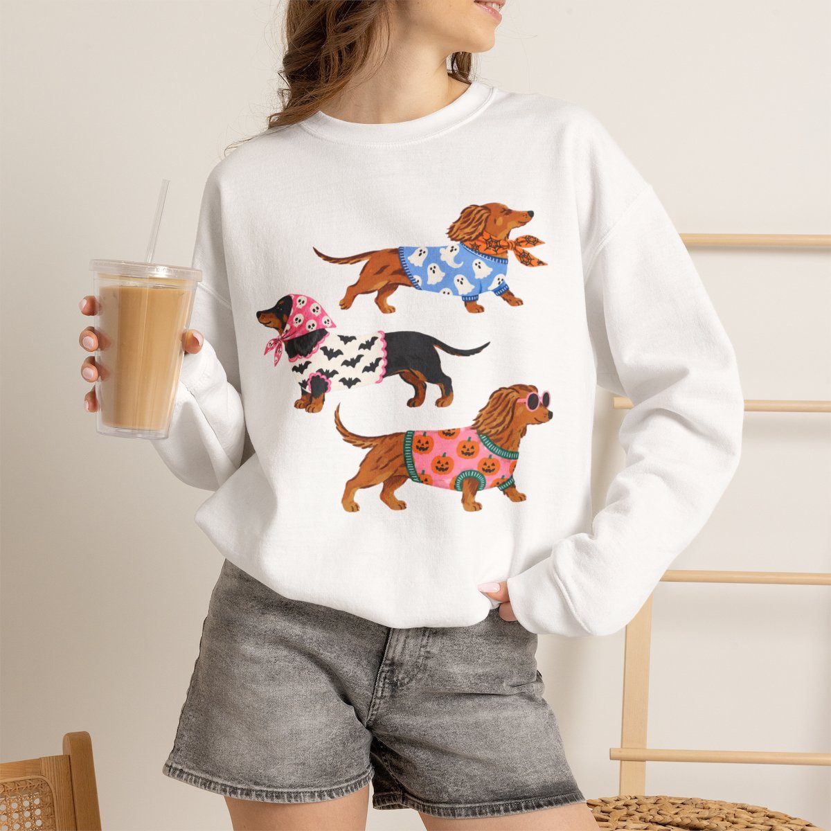 Unisex Cute Halloween Dachshund Sweatshirt for Dog Lovers White