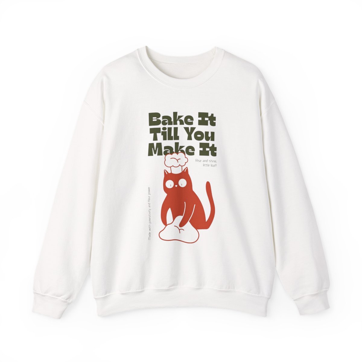 Unisex Bake It Till You Make It Cat Sweatshirt | Cute Baker Crewneck Gift Detail