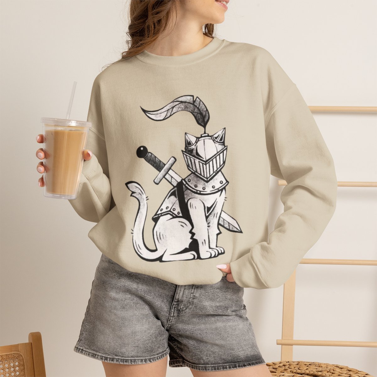 Unisex Medieval Knight Cat Sweatshirt - Cute Pet Lover Gift & Aesthetic Crewneck Sand