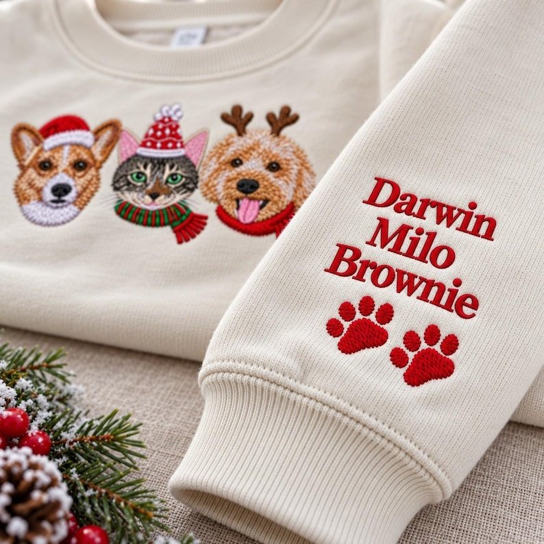 Unisex Custom Christmas Pet Sweatshirt, Personalized Dog Cat Portrait Embroidered Crewneck, Christmas Sweater For Dog Mom, Xmas Gift For Pet Lovers Sport Grey