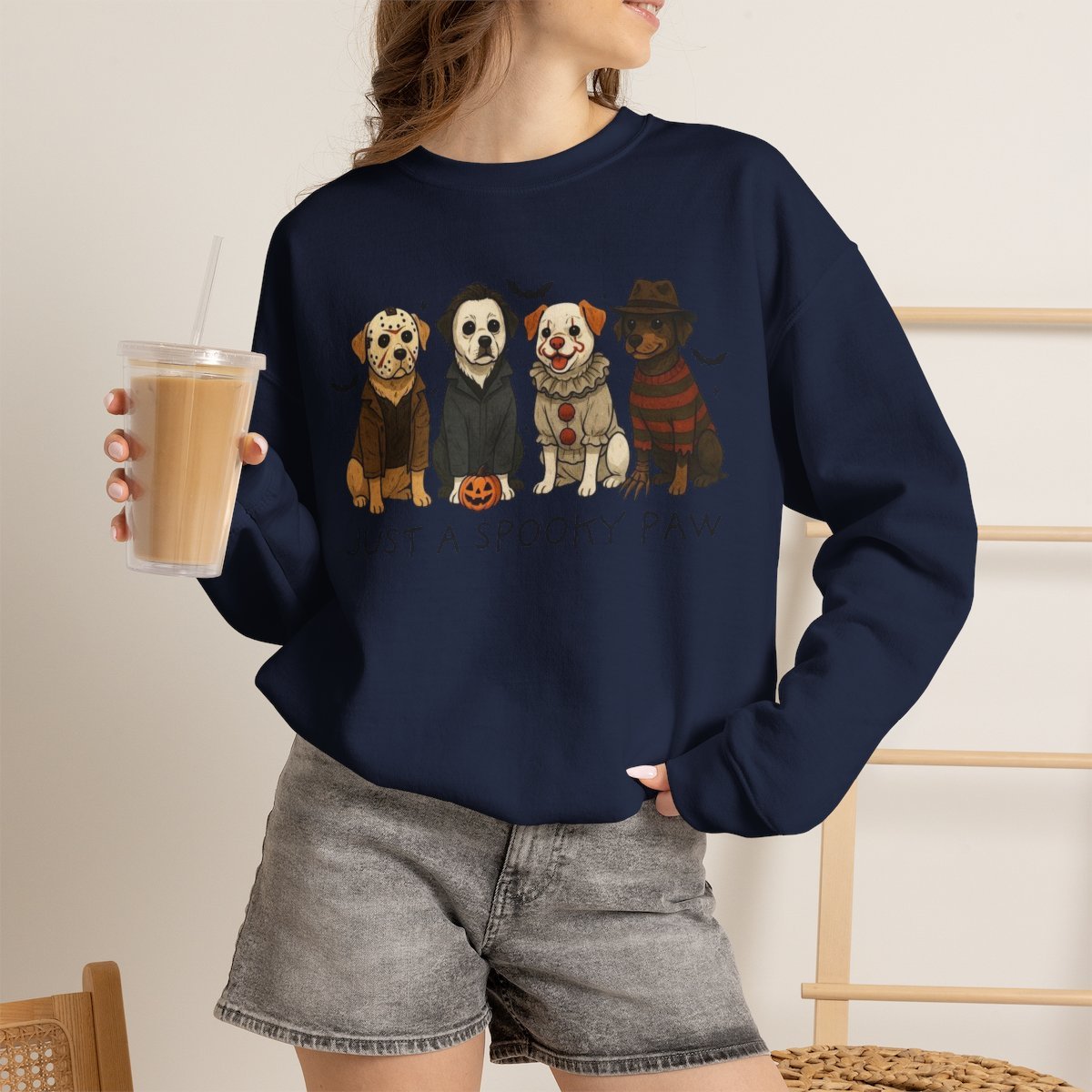 Unisex Halloween Dog Sweatshirt | Cute Horror Movie Fan Cozy Crewneck Navy