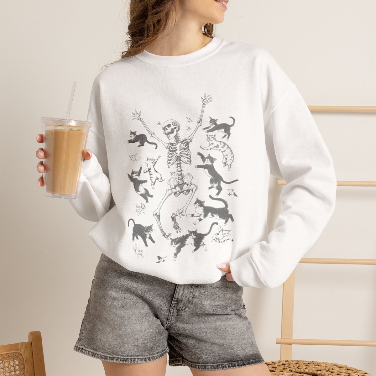 Spooky Cat Skeleton Unisex Sweatshirt | Cute Halloween Cat Lover Apparel White