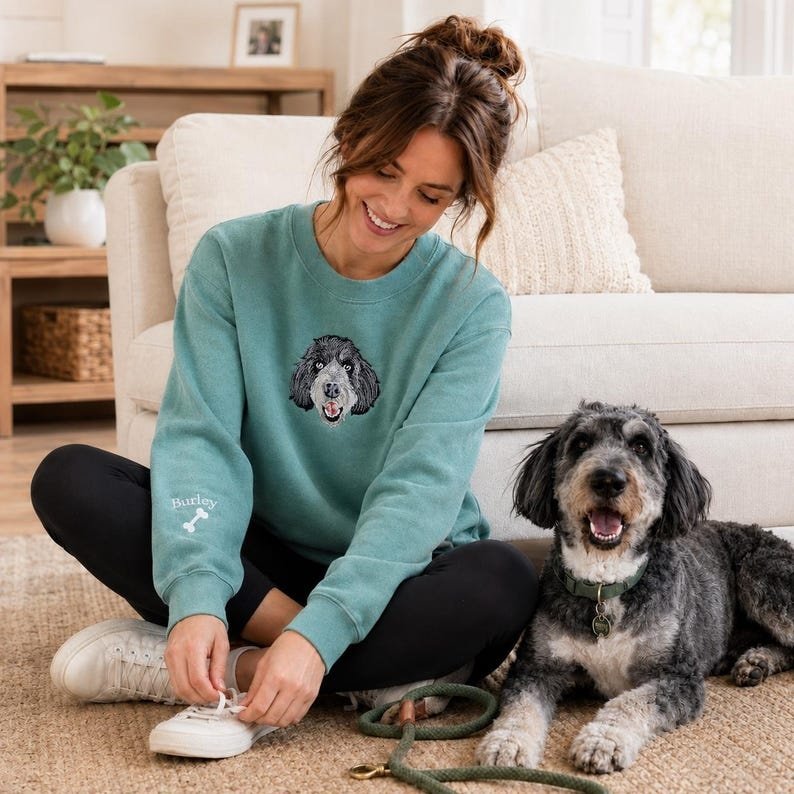 Unisex Comfort Colors Custom Embroidered Pet Sweatshirt - Dog or Cat Portrait From Photo Sweater - Dog Mama Sweatshirt - Mom Birthday Gift Black